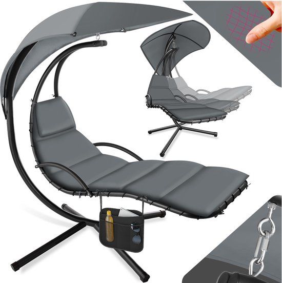 tectake Hangligstoel met frame, zwevend ligbed, schommelligstoel met zonnekap, hangstoel incl. tas, gestoffeerd kussen met kussen, voor tuin, terras en balkon - grijs