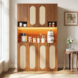 OKWISH Buffetkast – Hoge Opbergkast Met 8 Deuren En LED-Verlichting – Voor Eetkamer Woonkamer Of Hal – MDF En PE-Rattan Naturel – 106x40x178 cm