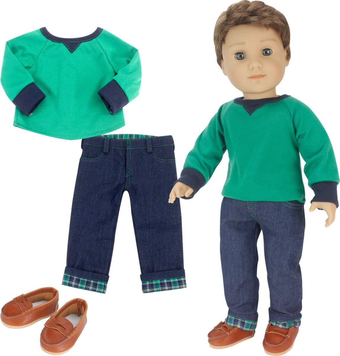 Sophia's by Teamson Kids - 18" Pop - Shirt, Flanel Jeans met manchetten & Bruine Penny Loafers - Groen