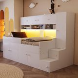Ropilly Houten kinderbed 90x200 cm met opbergruimte, kledingkast, LED-verlichting, wit