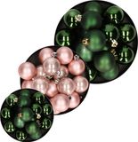 Decoris Kaemingk B.V. Kerstversiering kunststof kerstballen kleuren mix lichtroze/donkergroen 6-8-10 cm pakket van 44x stuks