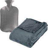 Atmosphera Fleece deken/plaid Blauwgrijs 125 x 150 cm en kruik 2 liter