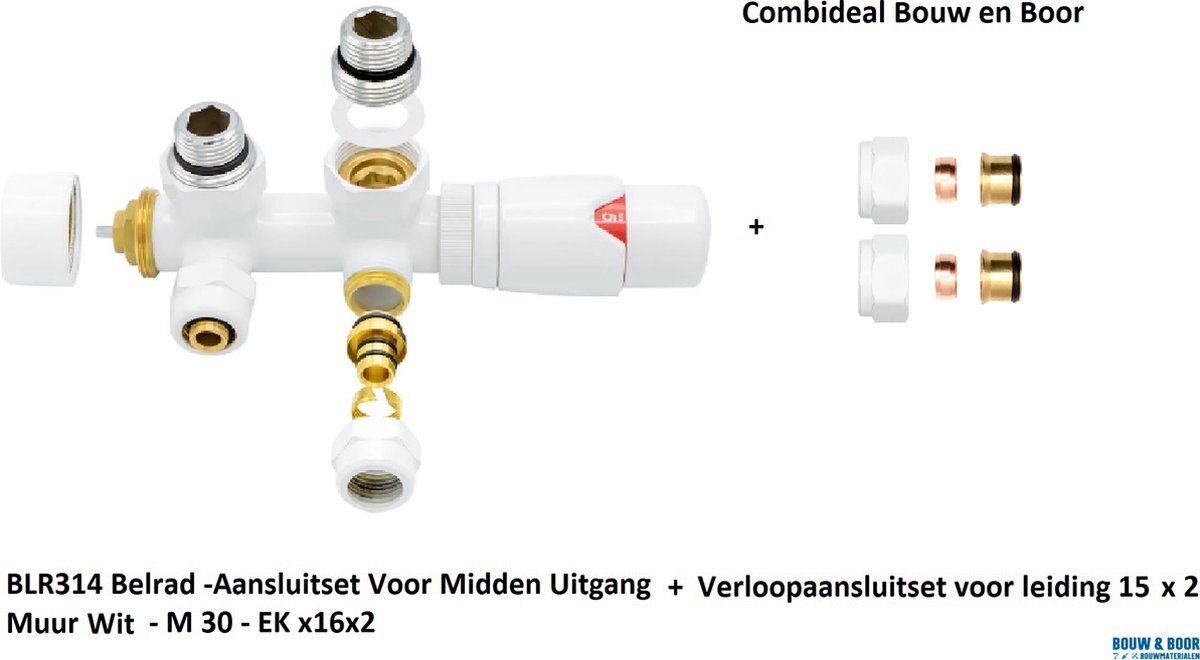 Belrad Combideal BLR314 /BLR220 Aansluitset voor Midden uitgang - Wit- M 30 - EK x16x2 incl. verloopaansluitset BLR220 -EK 15