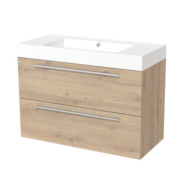 Maxaro Badkamermeubel 100cm Modulo Lichtbruin Eiken 2 lades Vlak Wastafel Mineraalmarmer