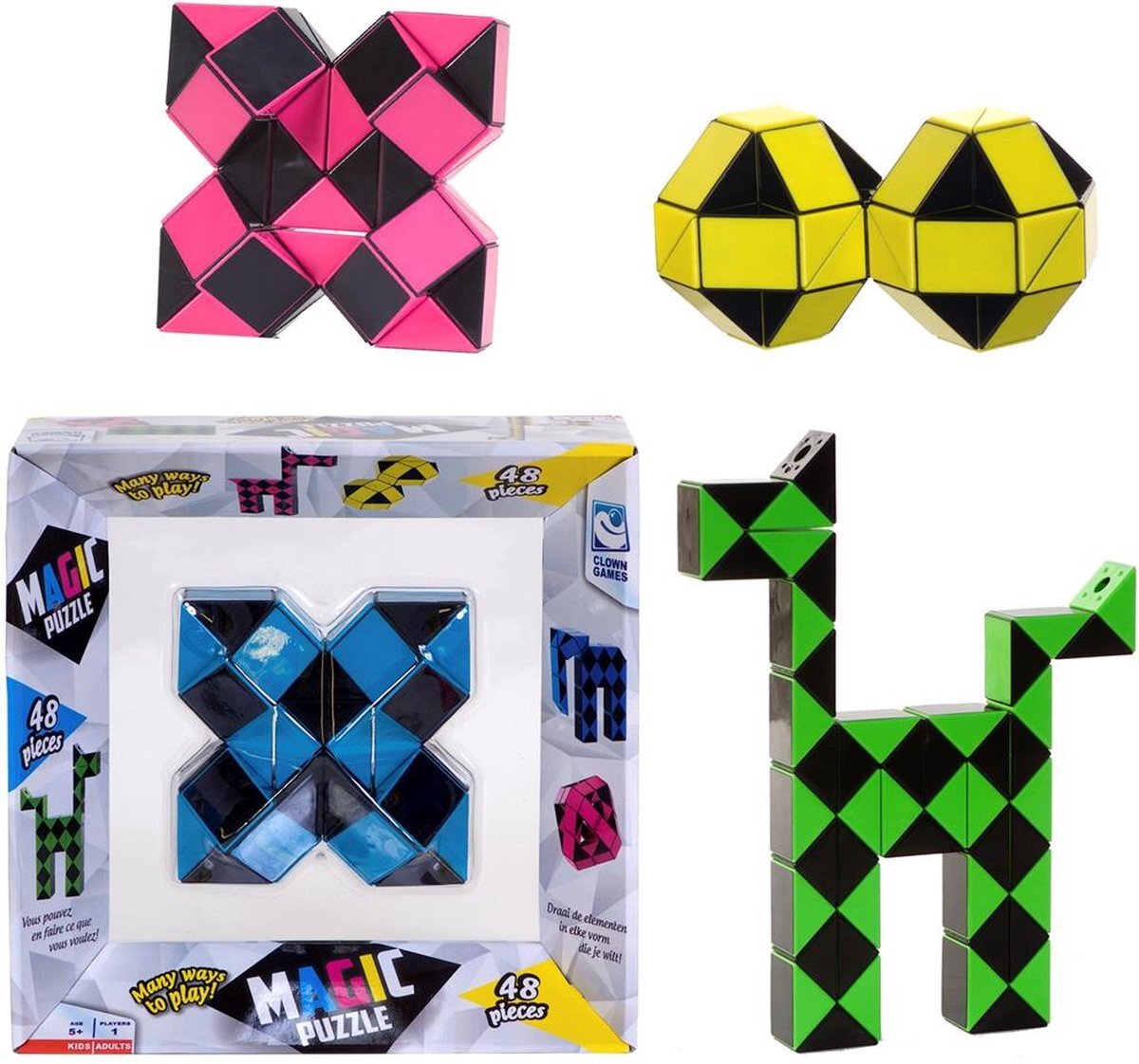 Clown Games Magic Puzzel Voordeelbundel - 4 Puzzels - Geel, Groen, Roze en Blauw - Fidget Snake