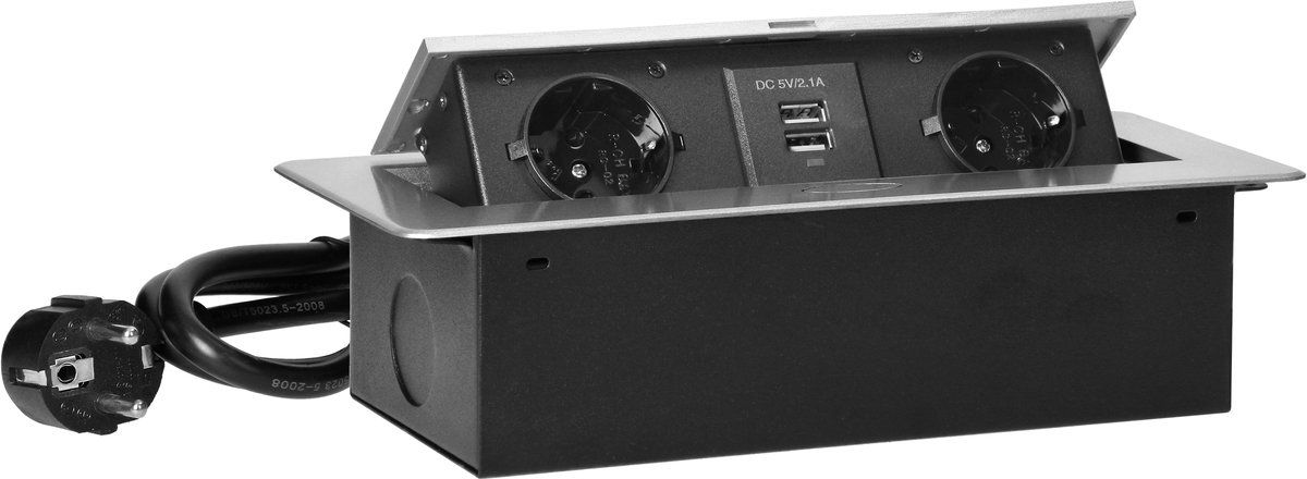 DESIGN LIGHT Pop-up Stekkerblok met USB - Zilver - 2 stopcontacten en 2 USB - 3 meter kabel