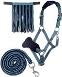 HKM Halsterset met touw met karabijnhaak & vliegenfrontriem full petrol/navy