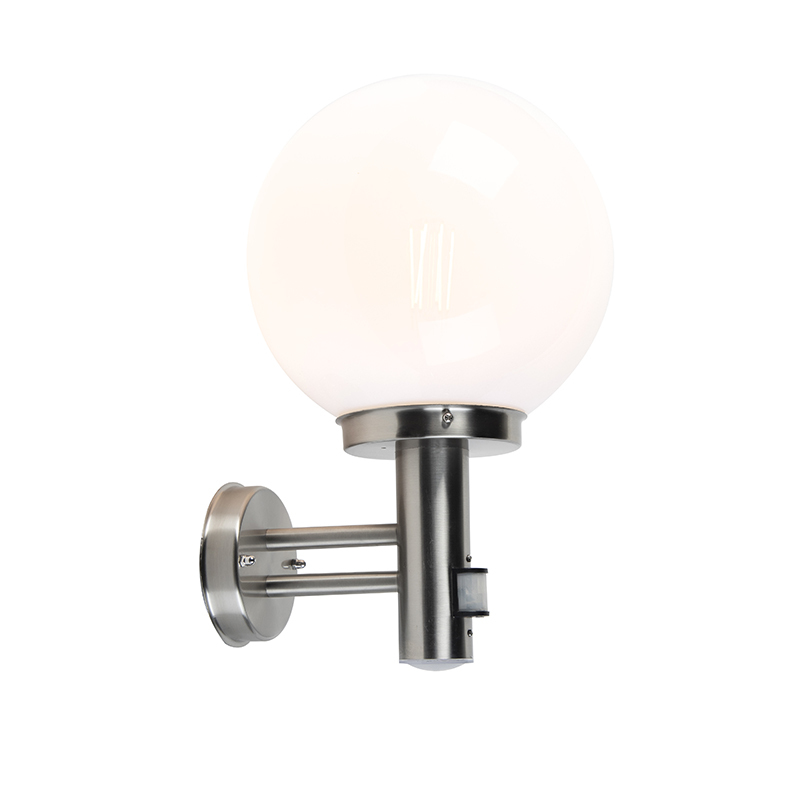 QAZQA Moderne buitenwandlamp RVS met opaal bol en bewegingsmelder - Sfera