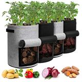 Homyhoo Aardappelkweekzakken met klep 10 gallon, 4-pack plantenpot met handgrepen en oogstvenster voor aardappeltomaat en groenten, zwart en grijs