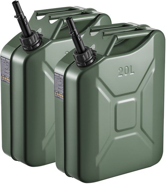 VEVOR Brandstofkan, 20 L, Benzinekan met Schenktuit en Comfortabele Handgreep, Max. Debiet 6 L/min, Metalen Benzinetank voor de Meeste Auto's, Motoren, ATV's en UTV's, 2-pack, Groen