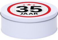 Merkloos Leeftijd Snoeptrommel - koektrommel Cadeau - wit - rond blik - met 35 jaar sticker - Cadeauverpakking - verjaardag