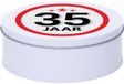 Merkloos Leeftijd Snoeptrommel - koektrommel Cadeau - wit - rond blik - met 35 jaar sticker - Cadeauverpakking - verjaardag