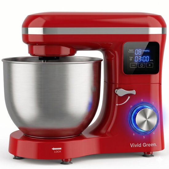 Vivid Green Keukenmachine met Display - 2000W - Keukenrobot - Keukenmixer - Mixer met Mengkom - 6.2L - Rood