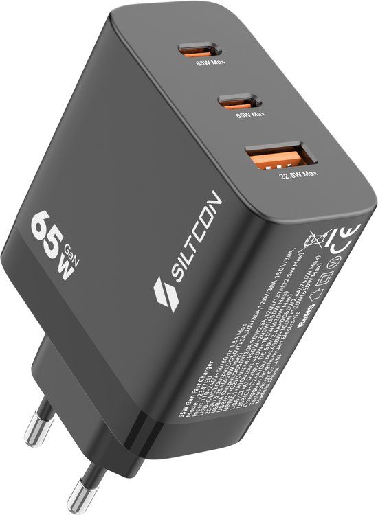 Siltcon 3-in-1 Snellader USB-C 65W - USB C Adapter - Geschikt voor Snellader Samsung - Oplader USB-C - 2x USB-C PD 65W - 1x USB-A PD 22.5W - GaN Technologie - Universeel o.a. Telefoons, Laptops - Extra Compact