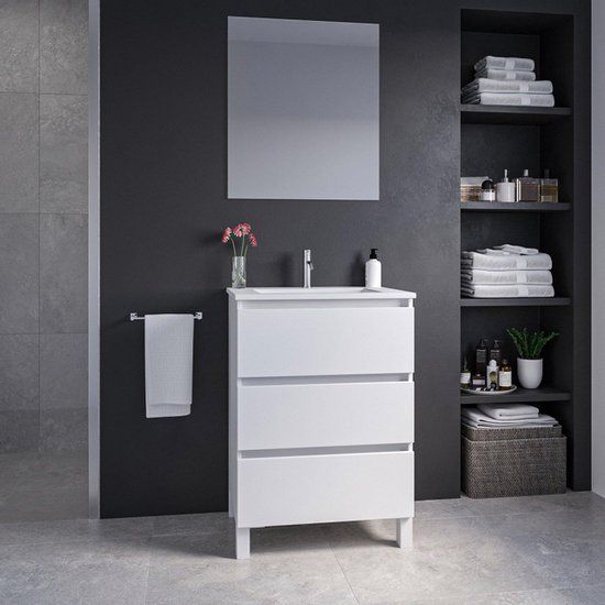 Adema Chaci PLUS Badkamermeubelset - 60x86x46cm - 1 rechthoekige keramische wasbak wit - 1 kraangat - 3 lades - rechthoekige spiegel - mat wit