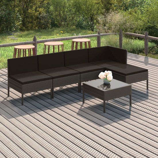 The Living Store Loungeset Grijs - PE-rattan - Modulair - 60x60x35 cm - Inclusief kussens