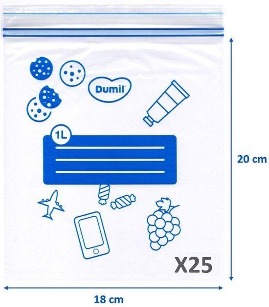Dumil Gripzakjes - 25 x 1 liter - 18x20 cm - Diepvrieszakken - Dubbele druksluiting