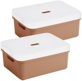 Sunware panier de rangement - 2x pièces - 24 litres - terra brun - plastique - avec couvercle transparent - 45 x 35 x 18 cm
