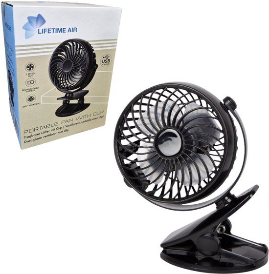 Kinzo Draagbare Ventilator met Clip - Zwart - USB Ventilator - Rond