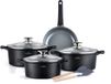 Swiss Haus® LG4009B Set de casseroles Induction - Set de 9 pièces - Sans PFAS - Set avec poêle et casseroles - Casseroles pour toutes les sources de chaleur - Poêle avec revêtement antiadhésif Sapphire™ - Noir
