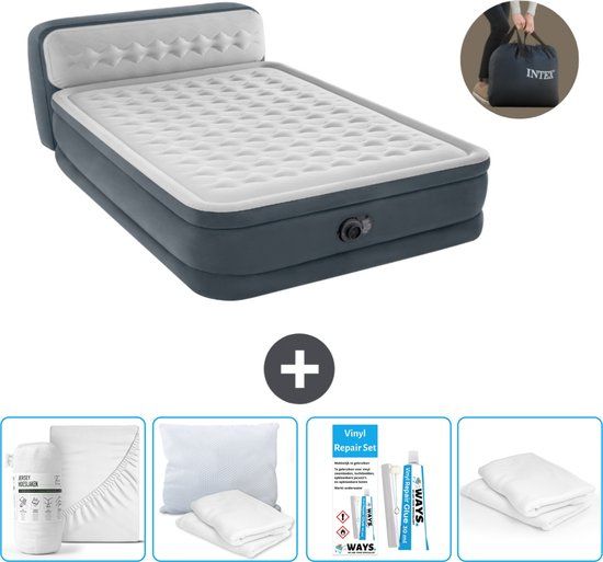Intex Ultra Plush Luchtbed - 2-Persoons - 152 x 236 x 86 cm - Grijs - Inclusief pomp, hoeslaken, kussen, reparatieset en kussenbeschermer