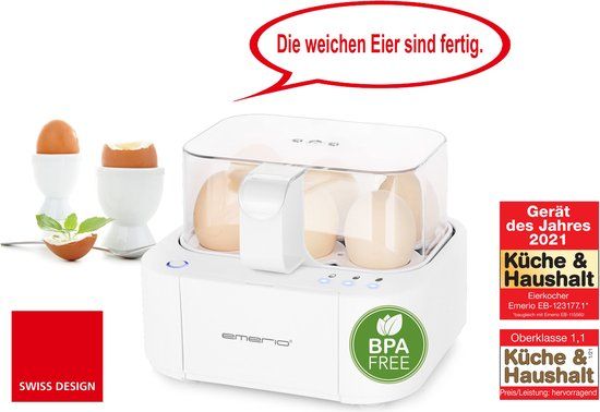 Emerio Smart Eierkoker EB-115560.12 - Drie gaarstanden, met spraakuitvoer (duits), Wit