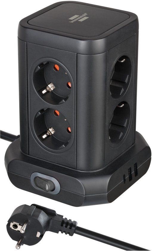 Brennenstuhl Socket Tower stekkerdoos | 8 contacten | 2x USB-A + 1x USB-C PD 20W | 2 meter