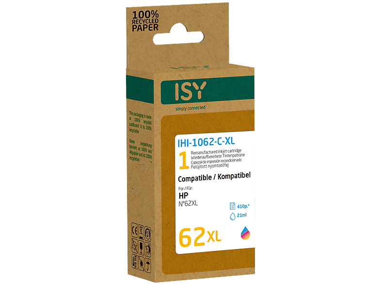 ISY Multipack 2 HP 62xl Bk+cl Zwart/color