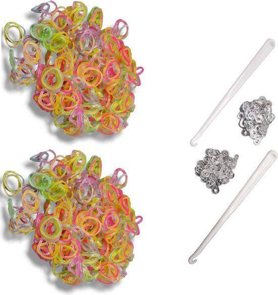 1200 loombandjes met 2 weefhaken en S-clips Glow in the dark kleuren mix