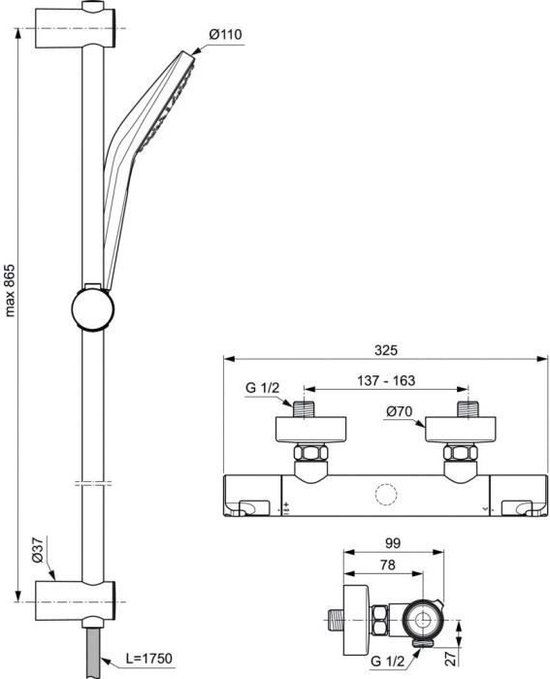 Ideal Standard CeraTherm T50 Thermostatische Doucheset - Chroom - 90 cm Bar - Ronde Handdouche