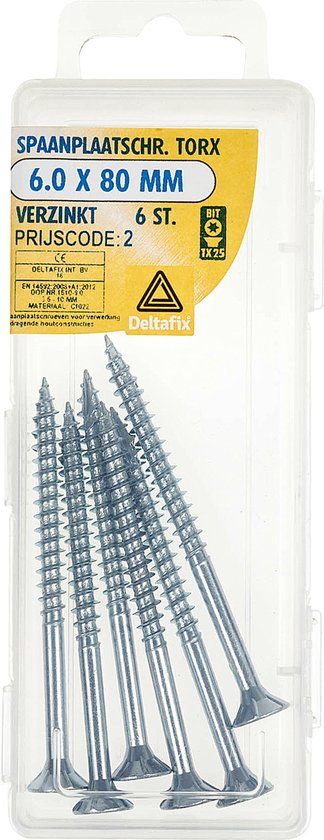 Deltafix Spaanplaatschroeven 6,0 x 80 mm Verzinkt Platkop Torx 6 Stuks