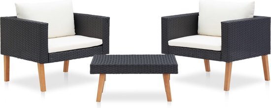 vidaXL 3-delige Loungeset met kussens poly rattan zwart