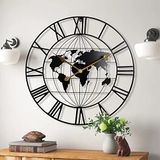 KEQAM Grote wereldkaart-wandklok, metalen minimalistische moderne klok, ronde, stille, niet-tikkende, op batterijen werkende wandklokken voor woonkamer, hal, keuken, slaapkamer, kantoor en school,