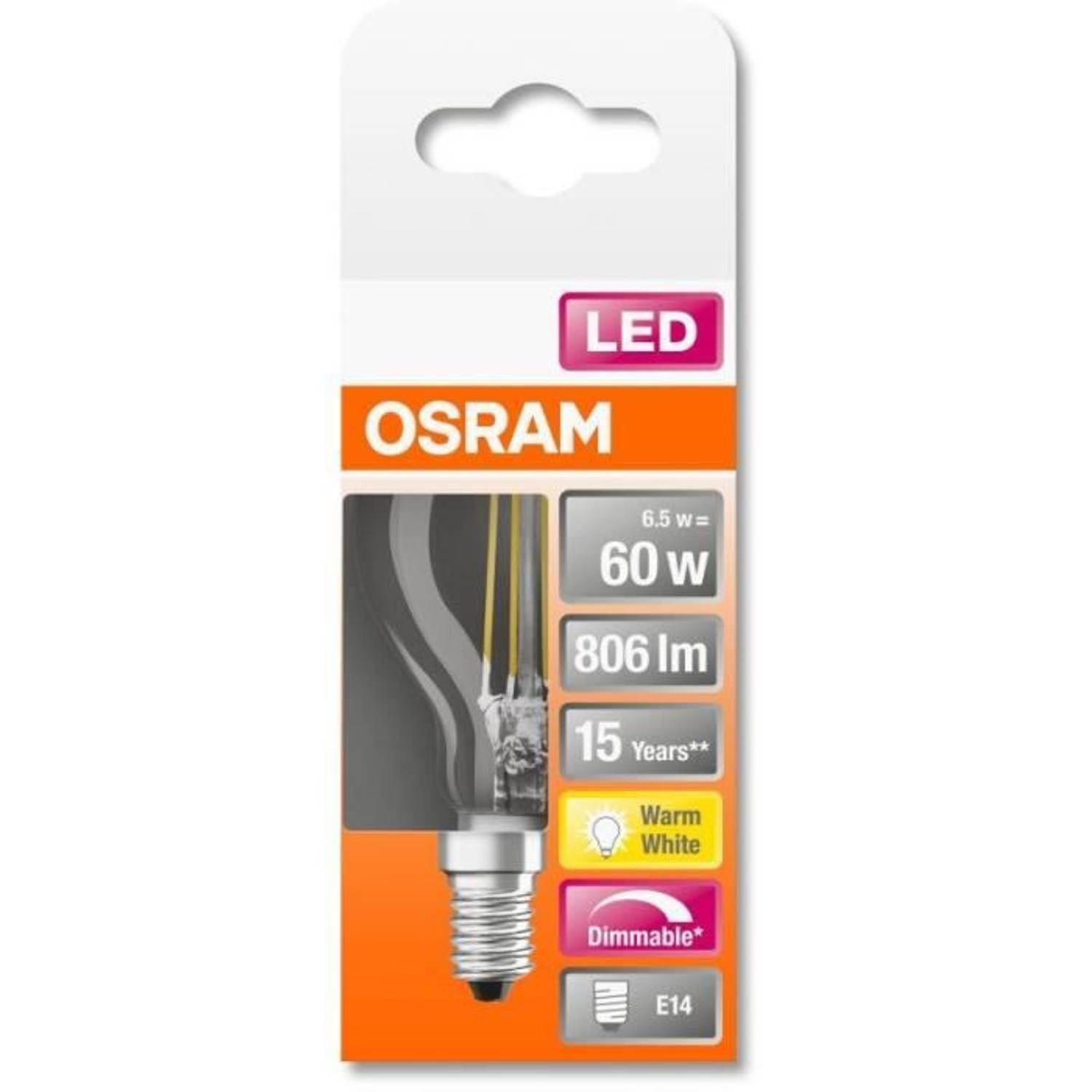 Osram LED-lamp Superstar Filament druppelvorm 6W E14 warm wit helder dimbaar