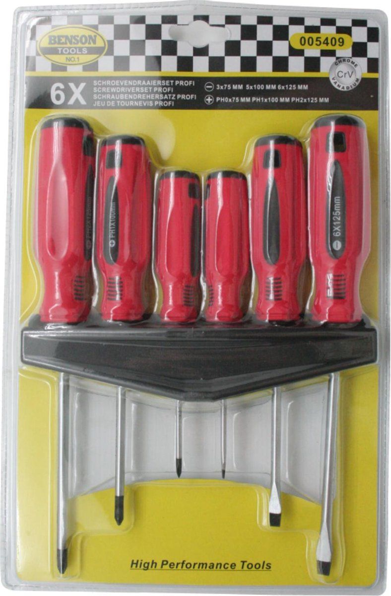 Benson Schroevendraaierset 6-delig professionele kwaliteit CrV Chrome Vanadium staal kruiskop PH0x75mm PH1x100mm PH2x125mm en platte kop 3x75mm 5x100mm 6x125mm