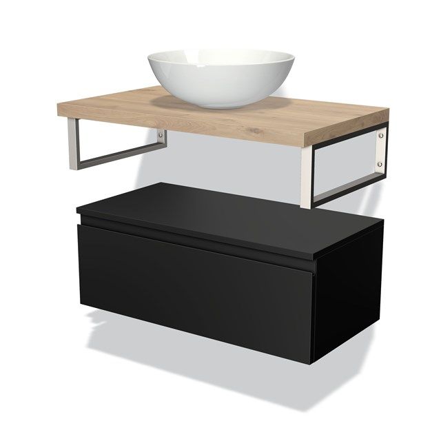 Maxaro Badkamermeubel Modulo Plato 80 cm Mat Zwart 1 Lade Lichtbruin Eiken
