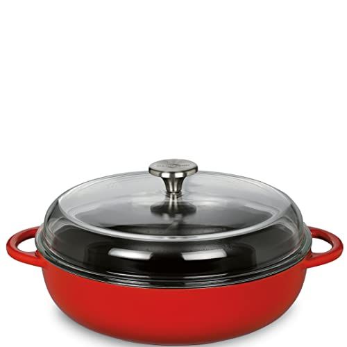 Küchenprofi PROVENCE Gietijzeren pan rond geëmailleerd rood/binnen zwart | 28 cm | met hoog glazen deksel | geschikt voor alle warmtebronnen, incl. inductie | stoofpan | braadpan met deksel
