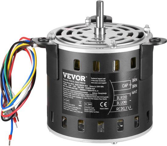 VEVOR 1/3pk Ventilatormotor 1,95a 750/950/1250rpm 3-Snelheden 15μf/450v Condensator