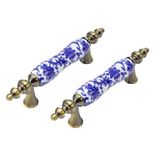MY MIRONEY Blue Floral Ceramic Cabinet Pulls - 3 Inch Center to Center - Antique Bronze Drawer Hardware - Pack of 2