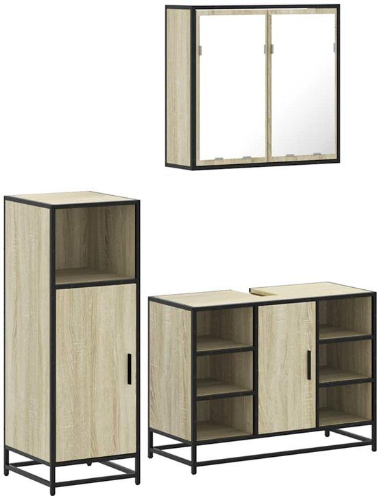 vidaXL 3-delige Badkamermeubelset, bewerkt hout, sonoma eikenkleurig