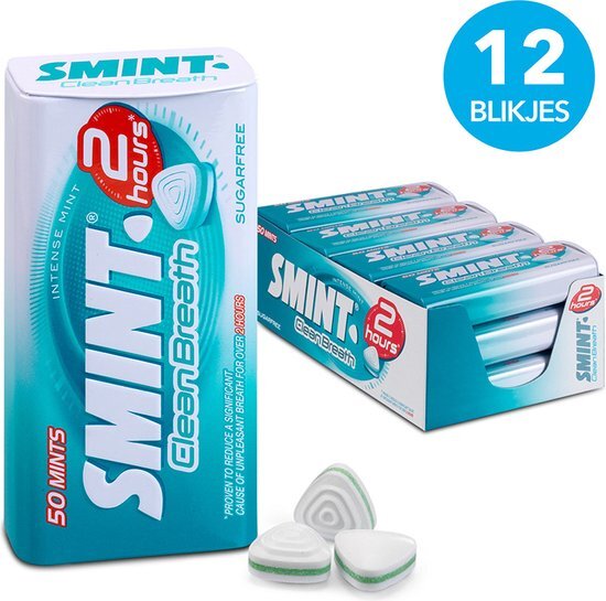Smint 2H Clean Breath Intense Mint – 12 blikjes met 50 powermints, suikervrije tandverzorging voor meer dan 2 uur