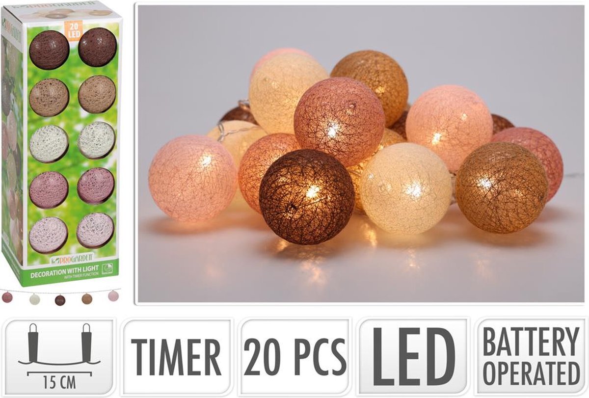 Garden Pro Decoratieslinger LED met 20 katoenen ballen op batterijen met timer (excl. 3x AA batterij)