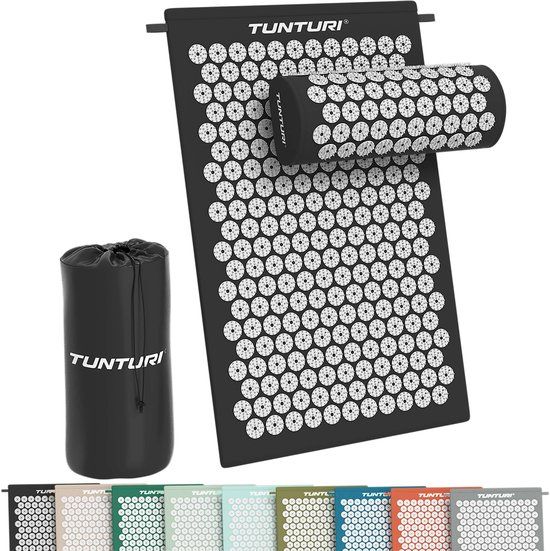 Tunturi Spijkermat met kussen - Acupressuur - Meditatie Mat - Acupunctuur Set - Massage en Ontspanning - 68x42x2 cm - Zwart