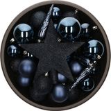 Bellatio Decorations boules de Noël en plastique - bleu foncé - 33x pièces - étoile cime - brillant mat pailleté