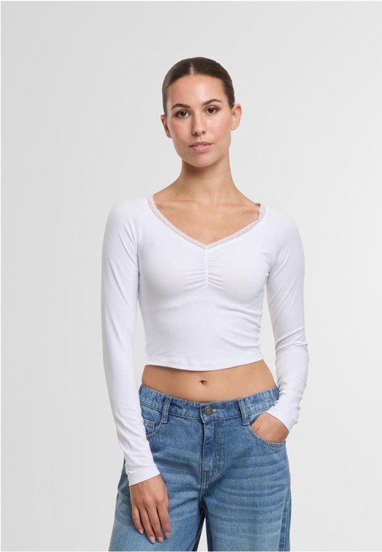 Urban Classics Ladies Short Lognsleeve Lace Shirt Dames Shirt met lange mouwen - wit - M