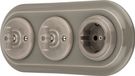 SET PR1 Prise encastrée, porcelaine, style rétro, interrupteur rotatif, triple, tout-en-un, gris beige