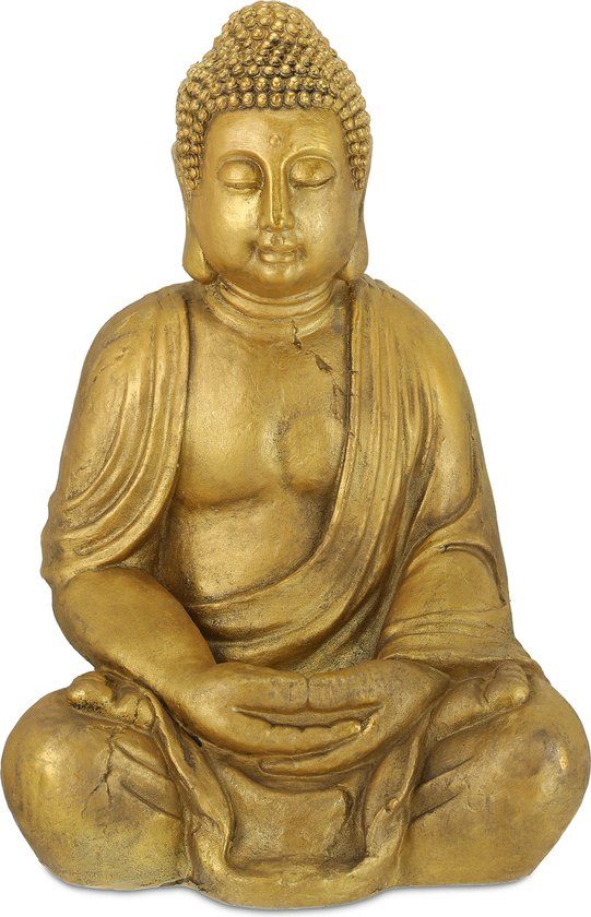 Relaxdays Boeddha beeld XL, goudkleurig, zittend, 70 cm, Polystone