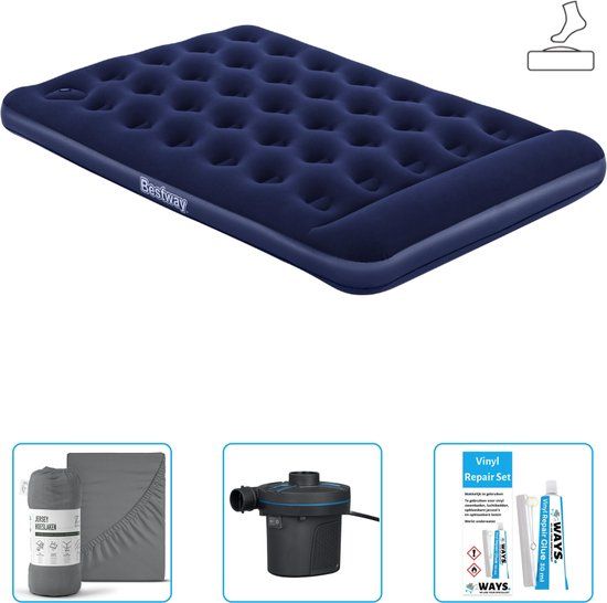Bestway Luchtbed - Twijfelaar - 137 x 191 x 28 cm - Blauw - Inclusief pomp - Hoeslaken - Pomp en Reparatieset