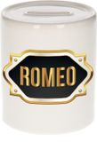 Bellatio Decorations Shoppartners Bv Spaarpot met voornaam Romeo - wit - met goud/zwart embleem - 8 x 9 cm - keramiek - met afsluitdop - cadeau verjaardag