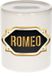 Bellatio Decorations Shoppartners Bv Spaarpot met voornaam Romeo - wit - met goud/zwart embleem - 8 x 9 cm - keramiek - met afsluitdop - cadeau verjaardag